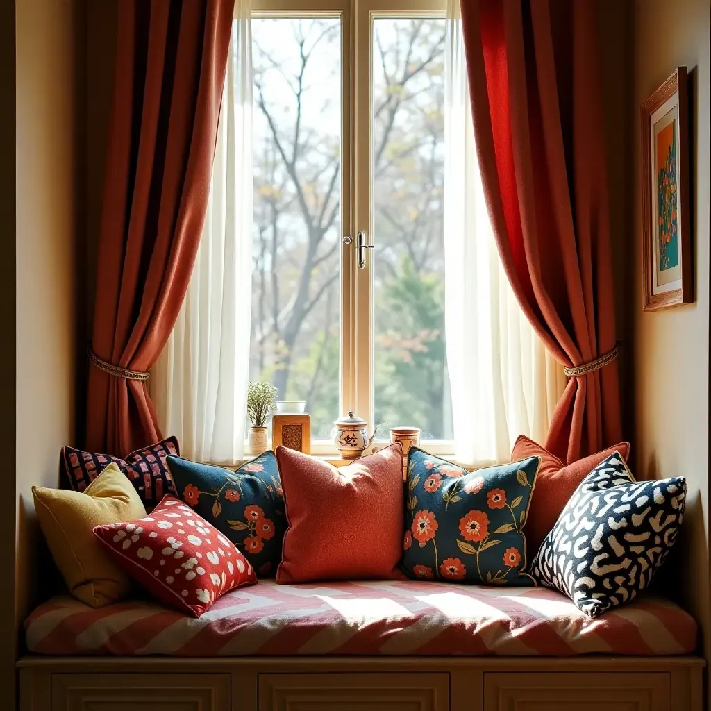 a photo of a cozy reading nook filled with colorful cushions