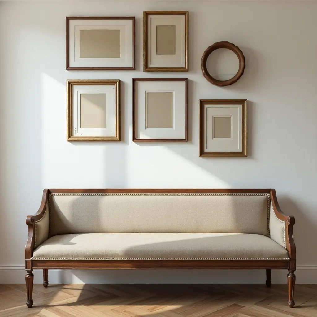 a photo of a vintage bench with a gallery wall in the background