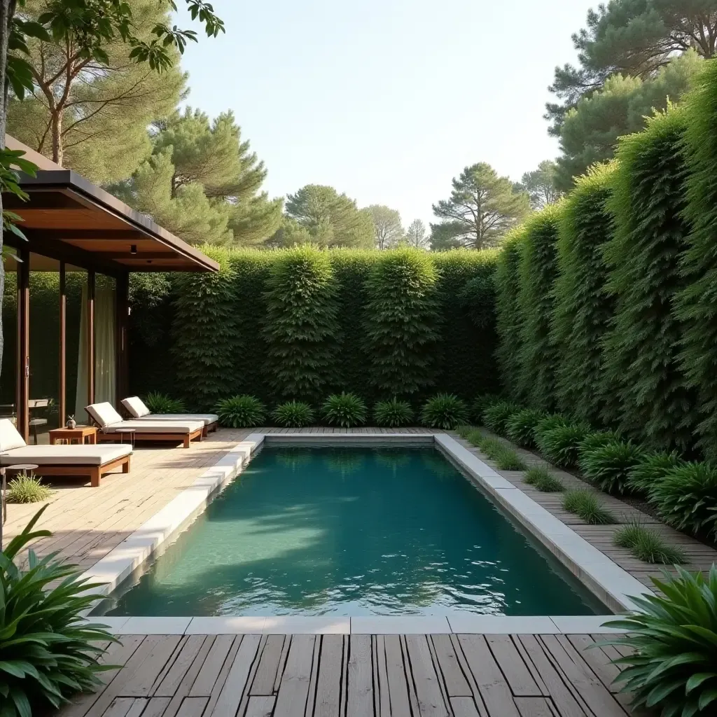 a photo of a minimalist pool area with wooden decking and lush greenery