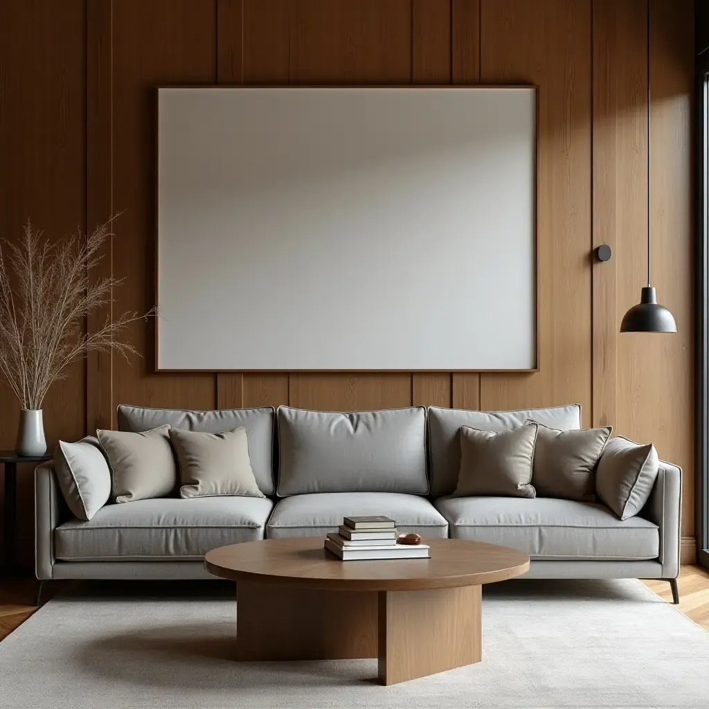 a photo of a grey sofa surrounded by rich wood tones and earthy decor