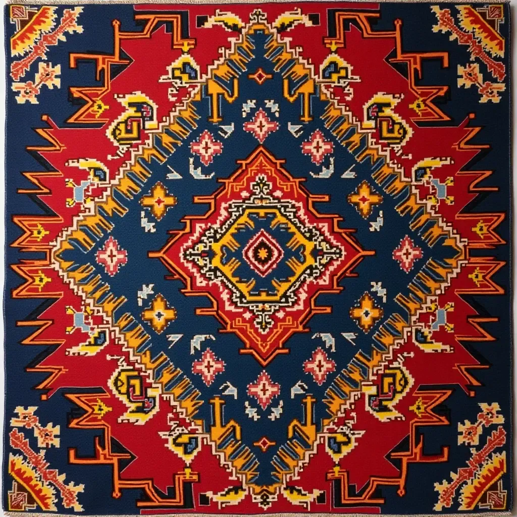 a photo of a bohemian-style rug with intricate designs and bold colors