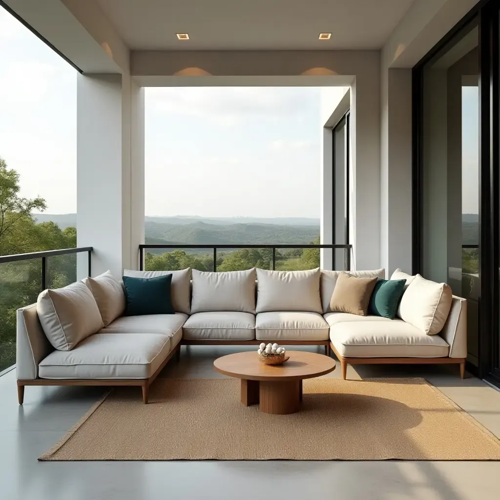 a photo of a balcony showcasing a corner sofa and coffee table