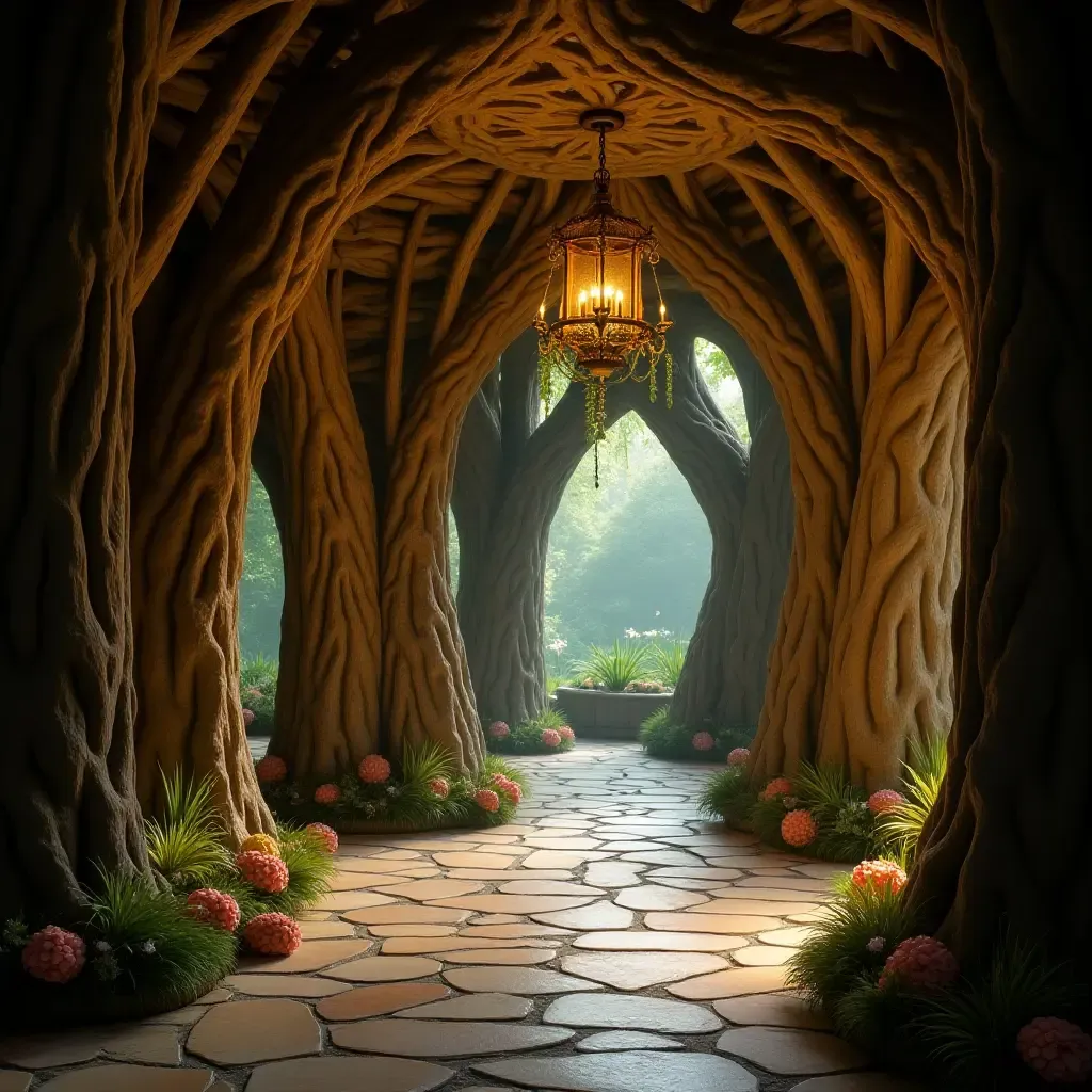 a photo of a whimsical entrance hall with a magical forest theme and soft lighting