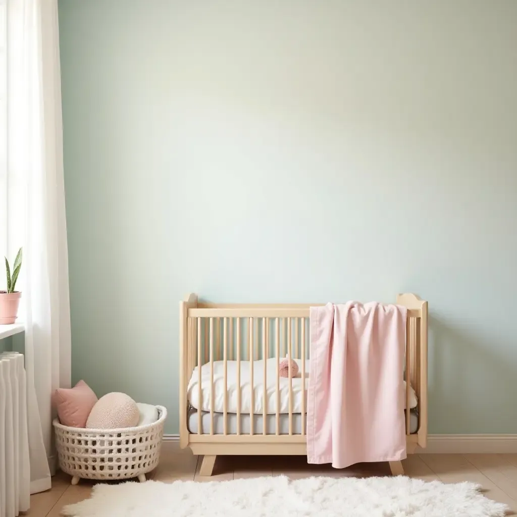 a photo of a vintage style nursery with soft pastel colors