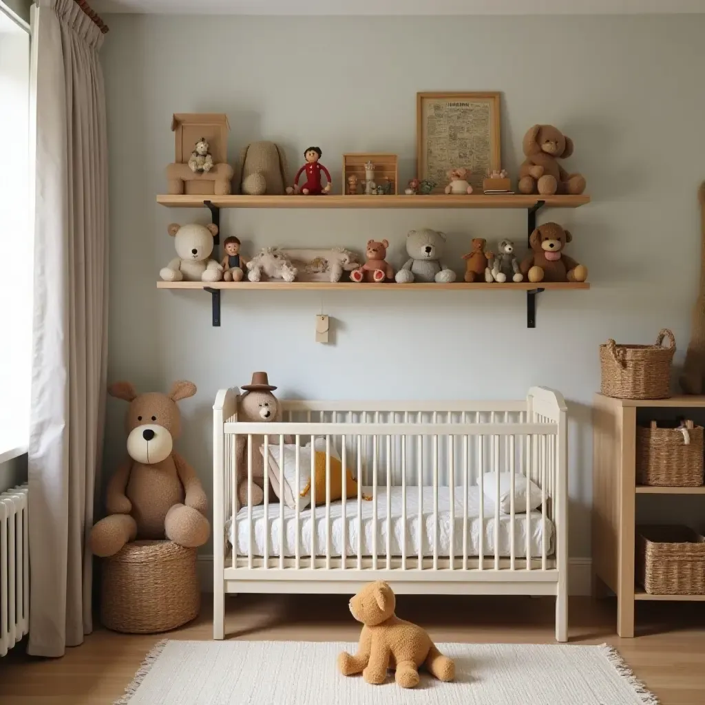 a photo of a nursery with vintage toys displayed on modern shelves