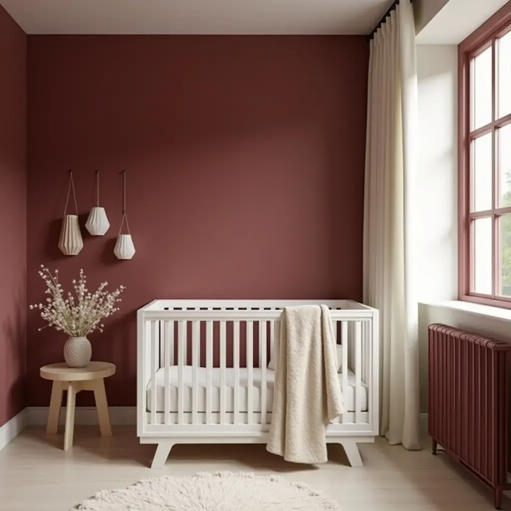 a photo of a nursery with rich burgundy and soft ivory