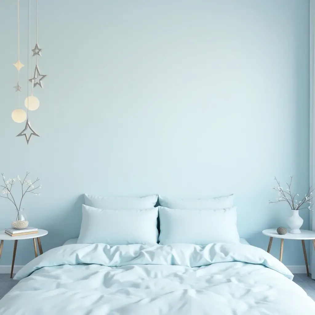 a photo of a soft pastel blue and white bedroom with stars