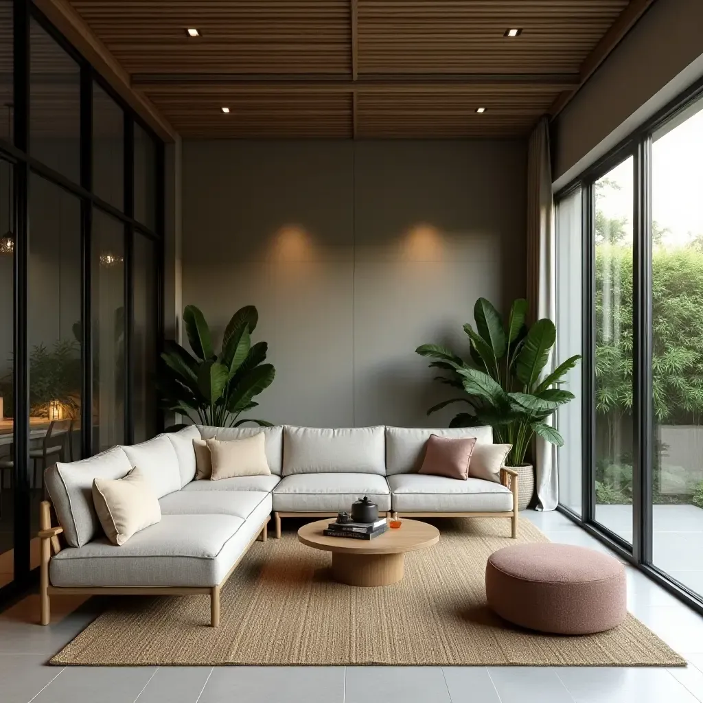 a photo of a stylish lounge area with a modern aesthetic and greenery