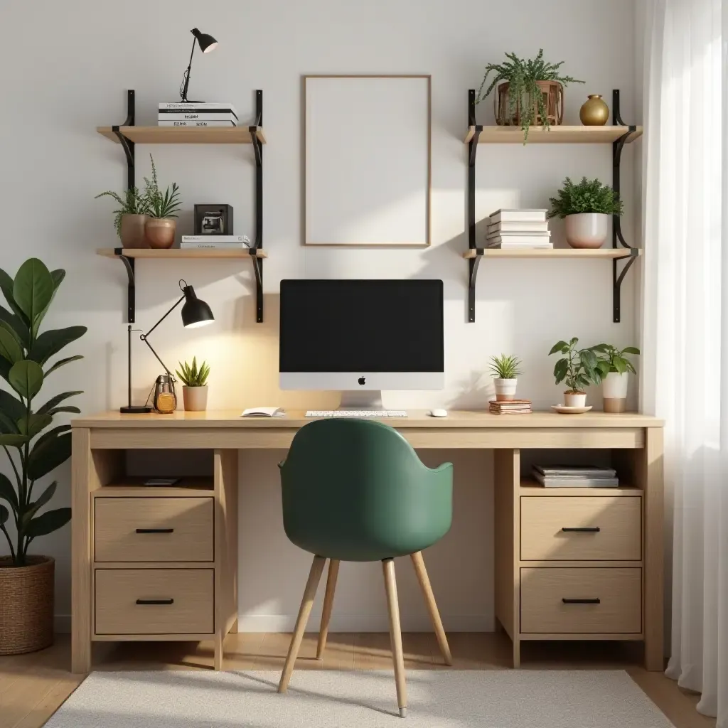 a photo of a cozy workspace with organized desk storage solutions