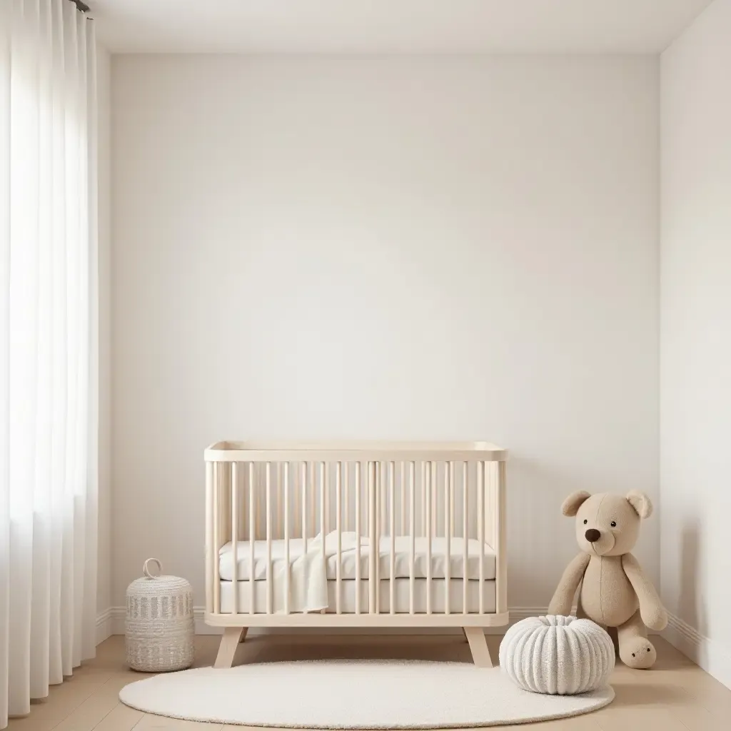 a photo of a minimalist small nursery with soft pastel tones