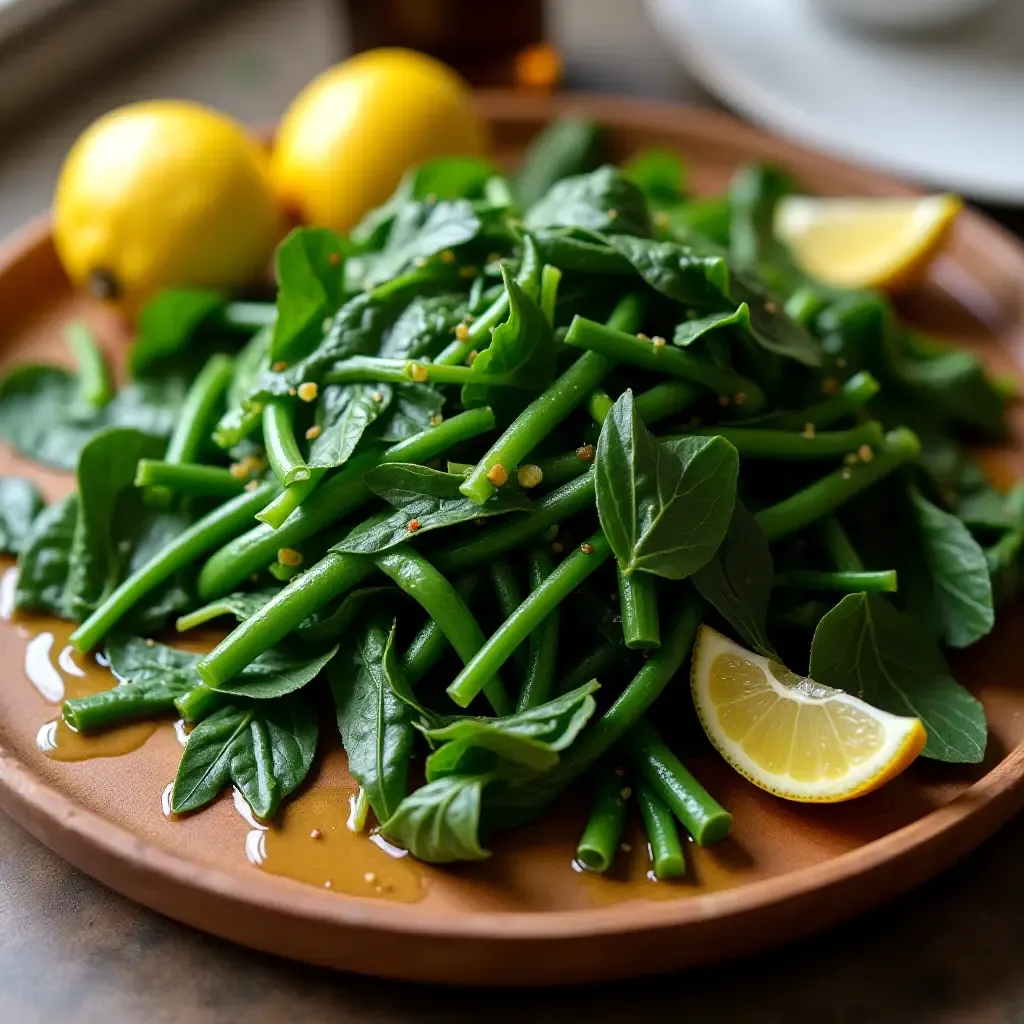 a photo of horta, steamed wild greens, drizzled with olive oil and lemon on a wooden platter.