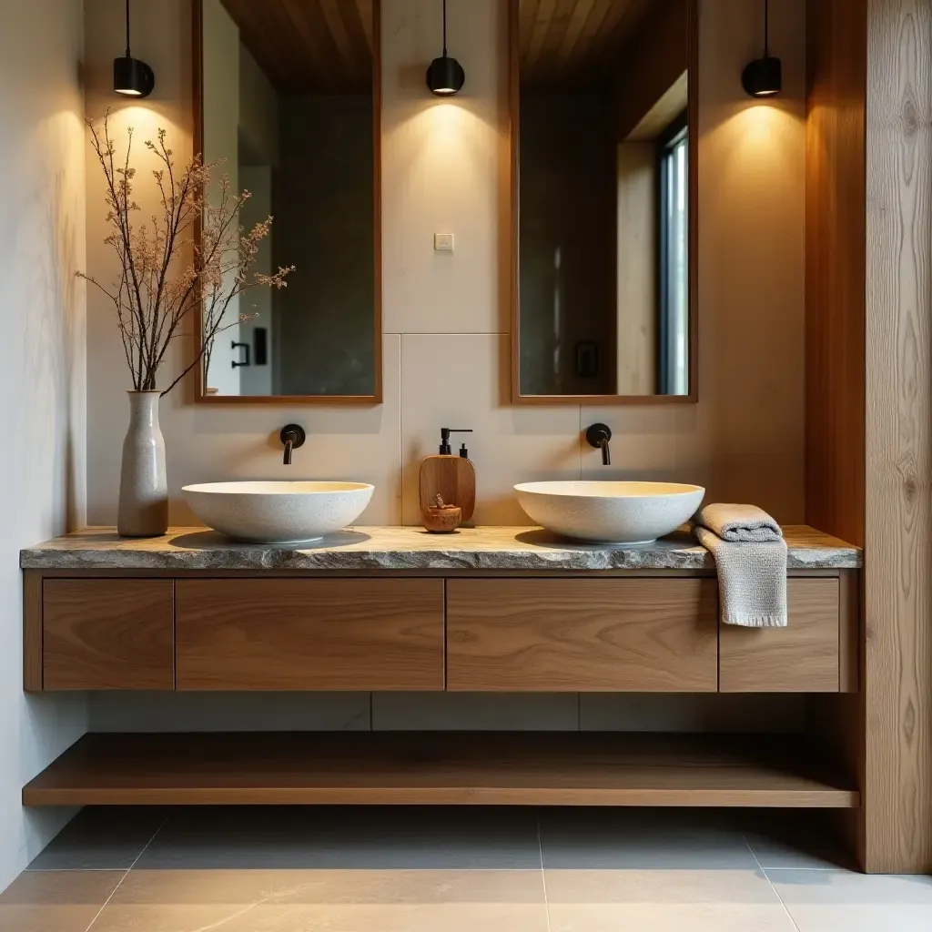 a photo of a bathroom featuring a rustic wooden vanity and stone sink