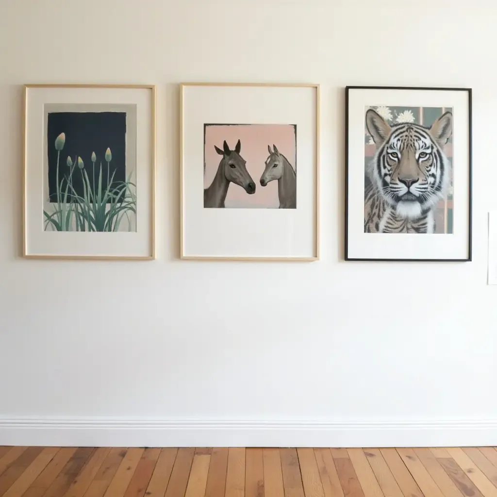 a photo of a gallery wall featuring framed art from local artists