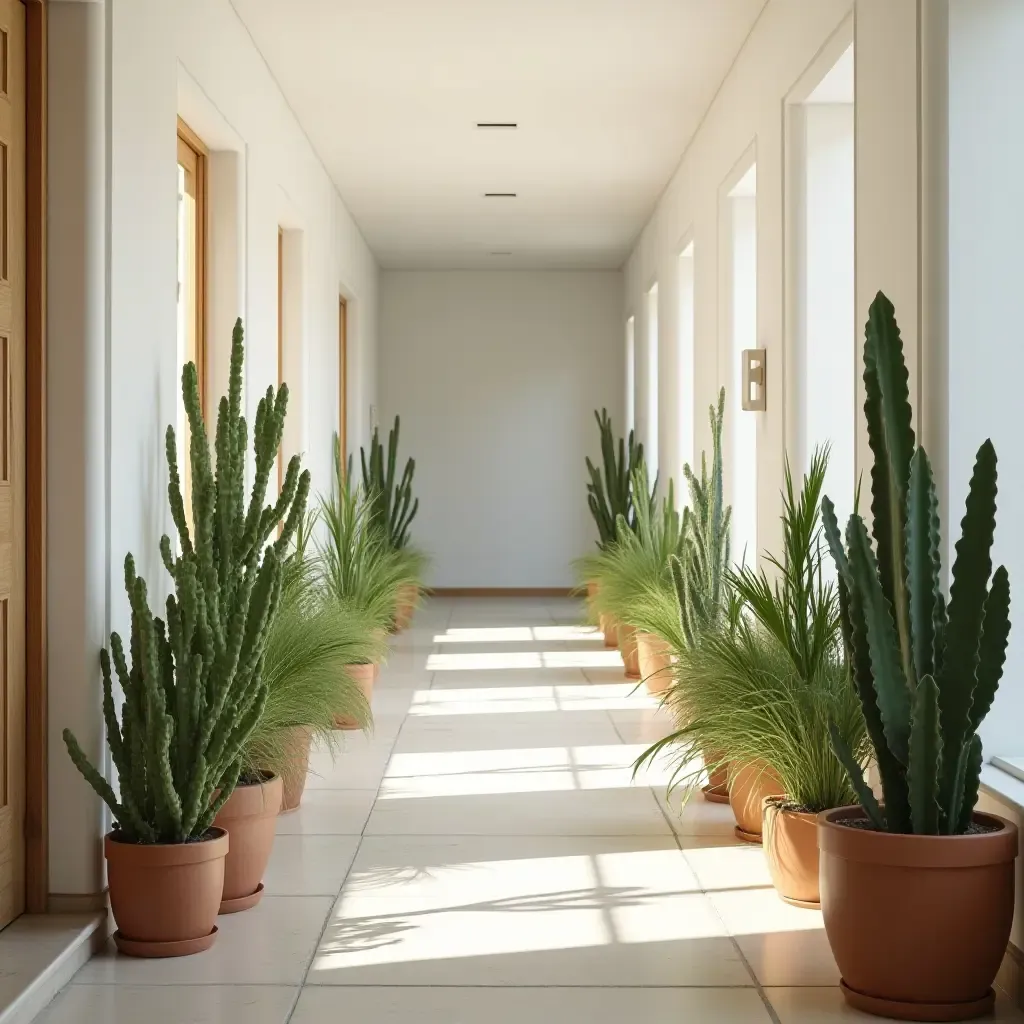 a photo of a bright hallway with a collection of potted succulents