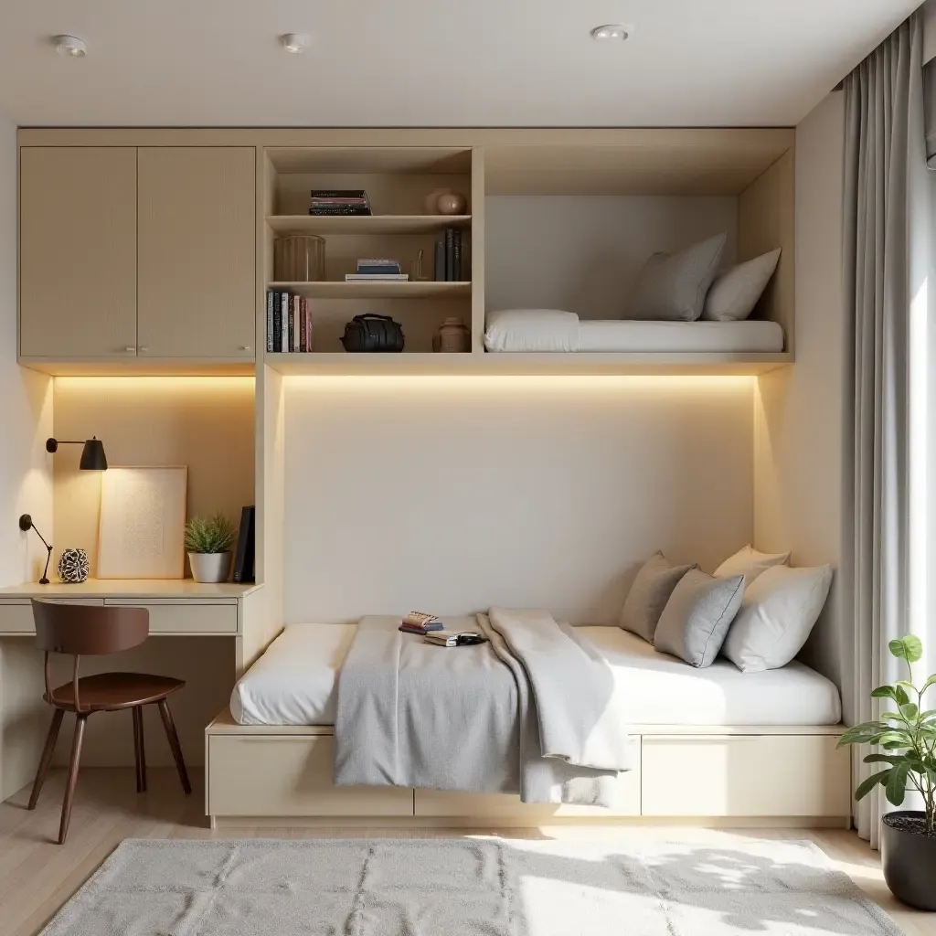 a photo of a functional shared bedroom with integrated storage and study areas