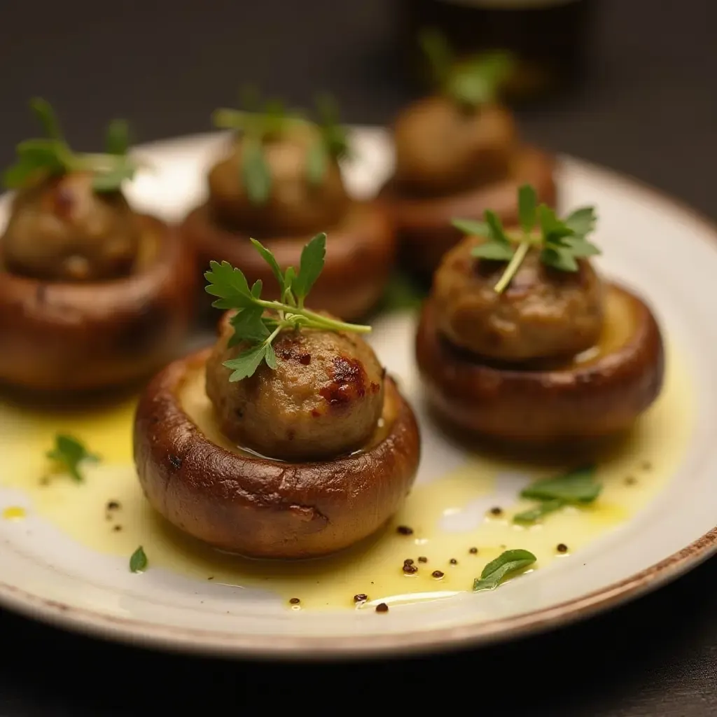 a photo of chic Portuguese starters with stuffed mushrooms and truffle oil garnish