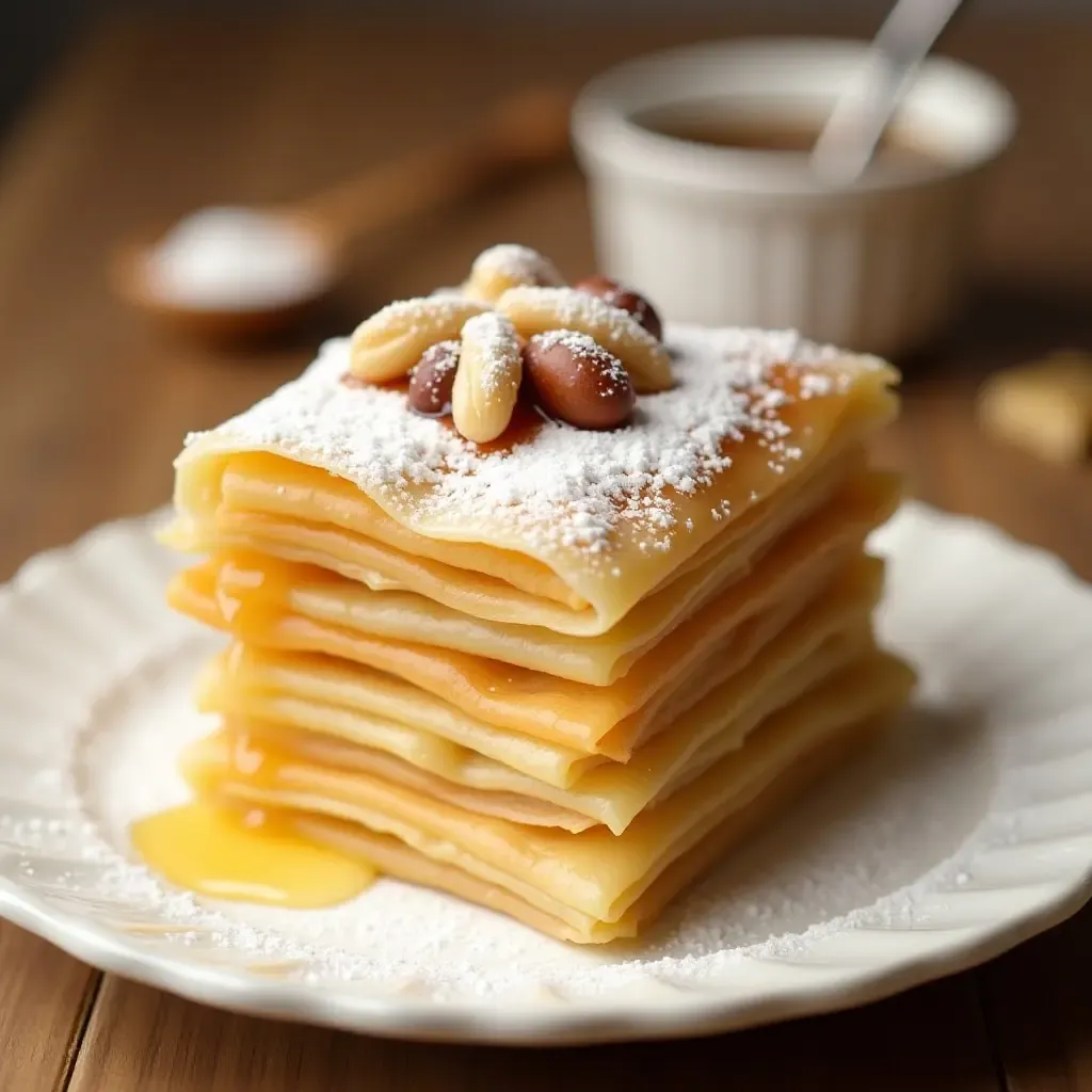 a photo of layered phyllo dough dessert with honey, nuts, and powdered sugar on top.