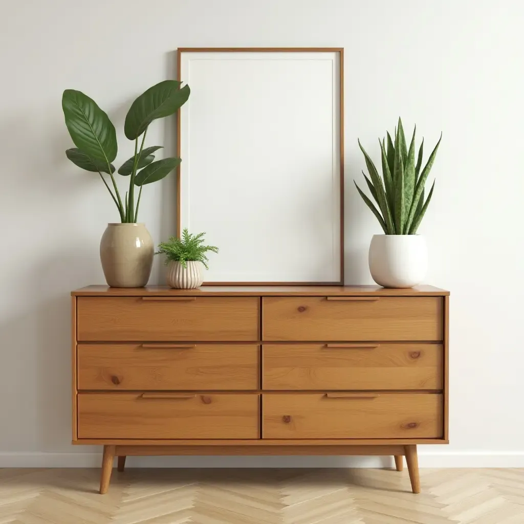 a photo of a warm-toned wooden dresser with decorative plants