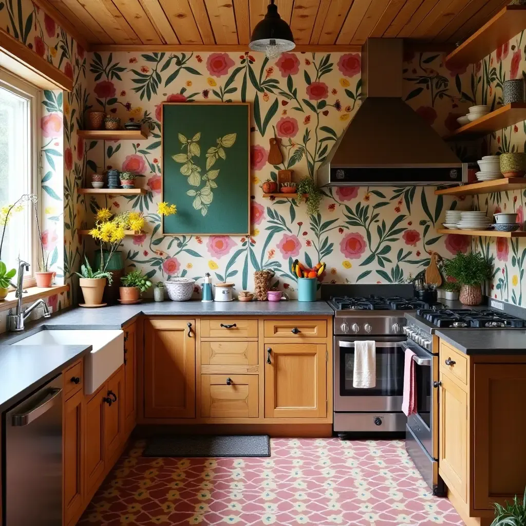 a photo of a vibrant boho kitchen with bold wallpaper and unique art pieces