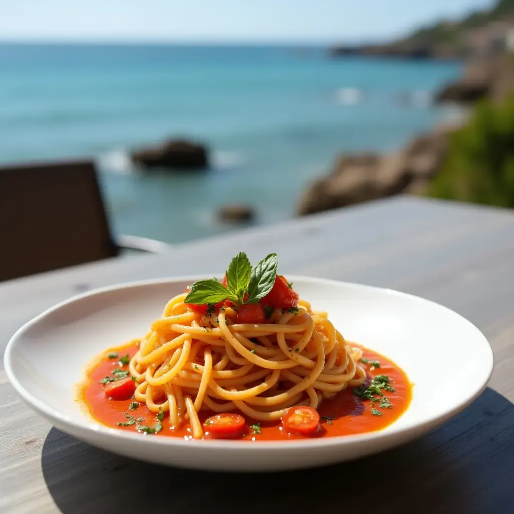 a photo of a colorful plate of spaghetti ai ricci di mare on a coastal table