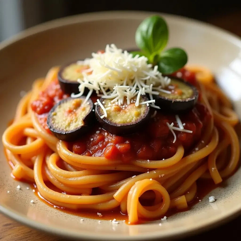 a photo of a close-up of Pasta alla Norma, featuring eggplant, tomato sauce, and ricotta salata on a ceramic plate.