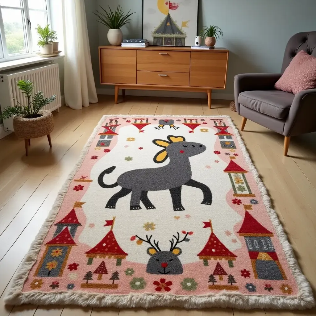 a photo of a rug with a playful circus animal theme for fun