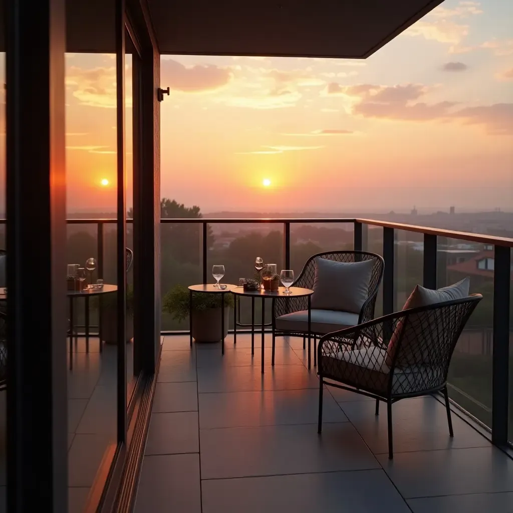 a photo of a balcony with metallic furniture and a stunning sunset view