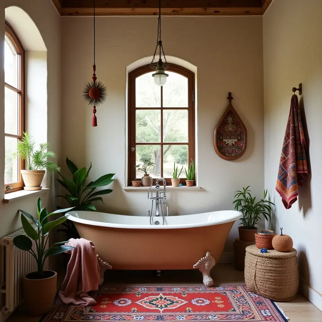 a photo of a bohemian bathroom with eclectic decor and vibrant textiles