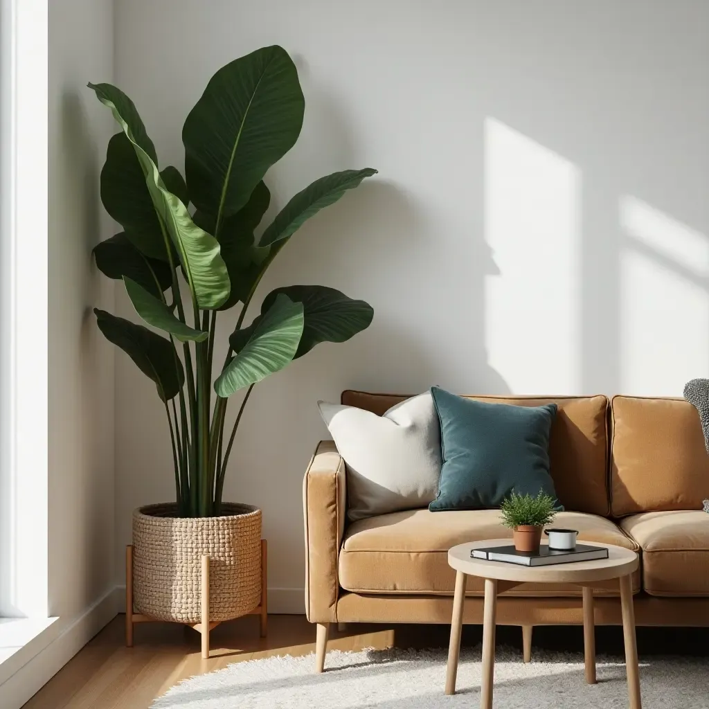 a photo of a cozy corner with a large indoor plant