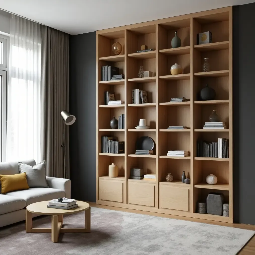 a photo of a dual-purpose bookshelf serving as a room divider in a stylish space