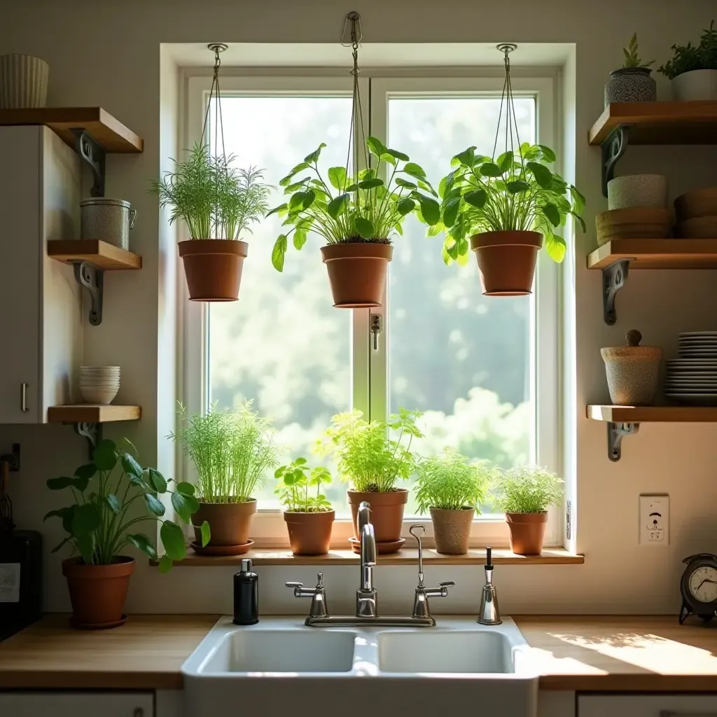 a photo of a kitchen with hanging potted herbs above a window