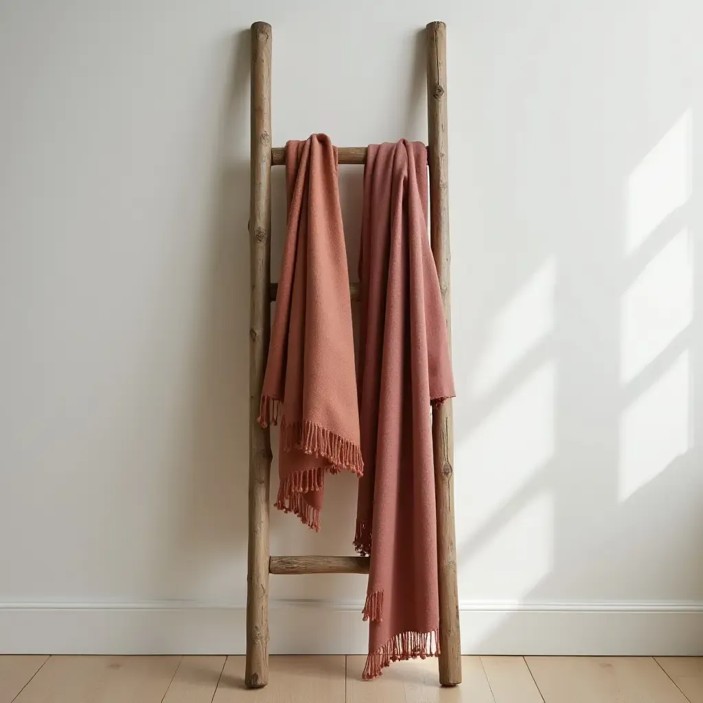 a photo of a decorative ladder used for hanging scarves