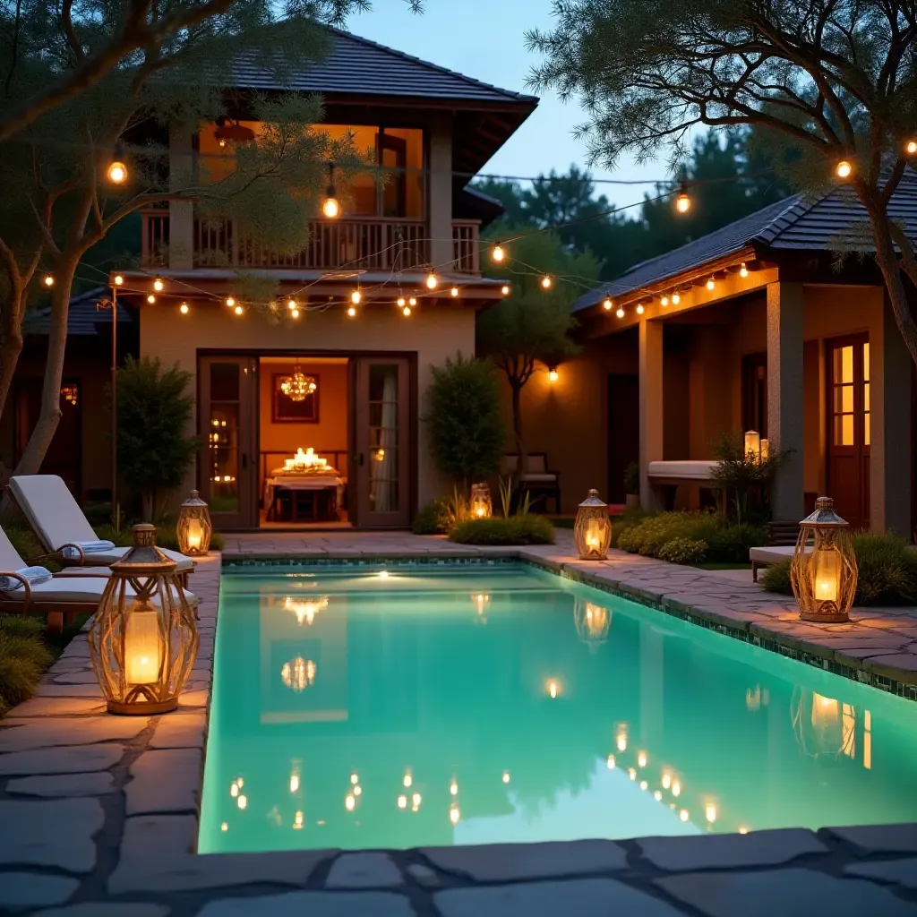 a photo of a pool area with vintage lanterns and a rustic vibe