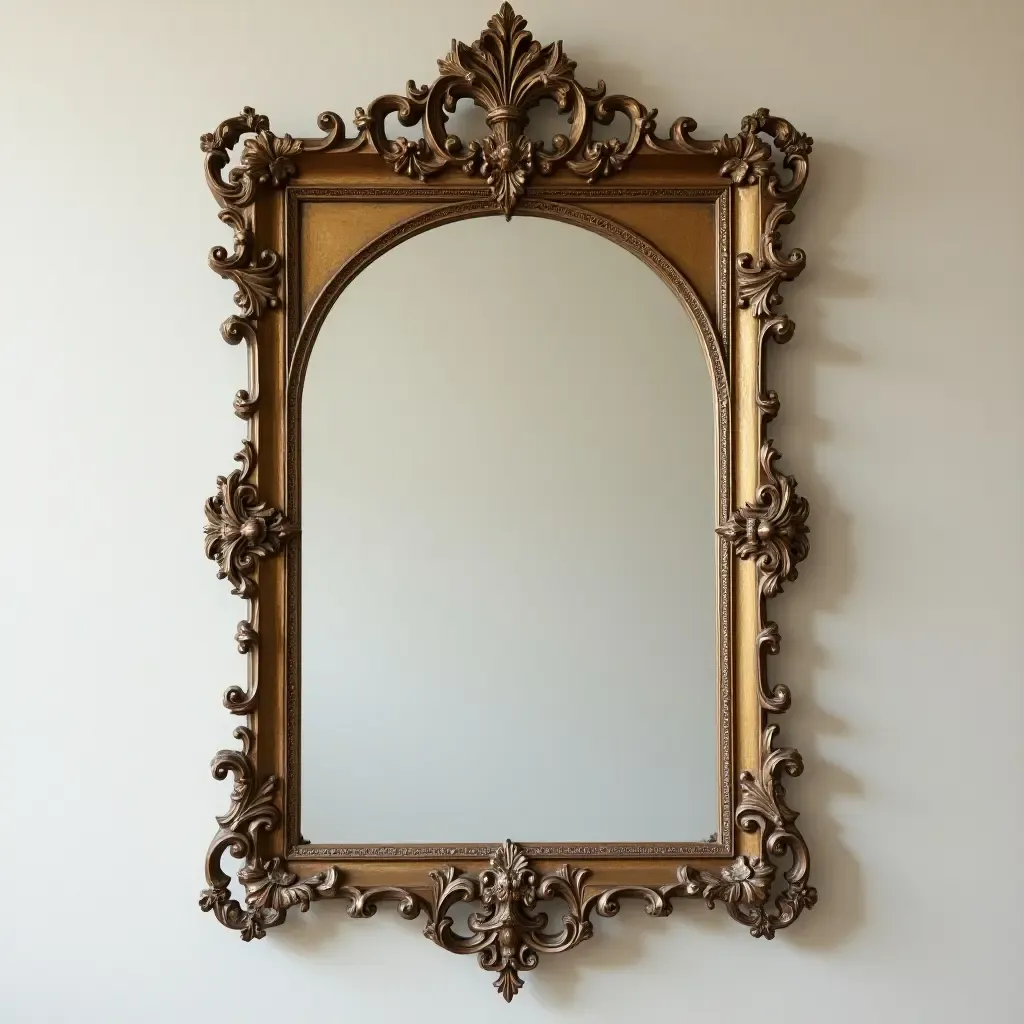 a photo of a retro mirror with an ornate frame on the wall