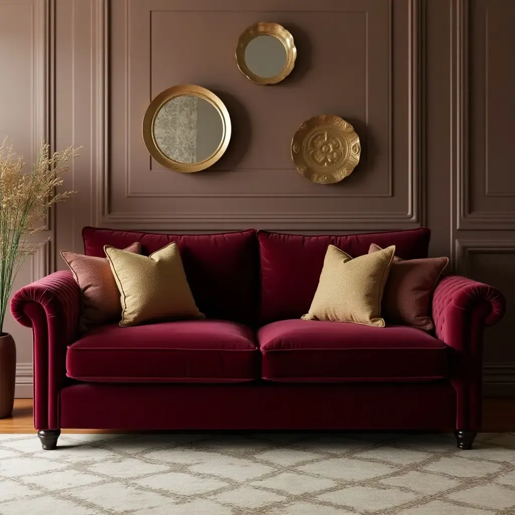 a photo of a burgundy velvet sofa paired with gold accent pillows