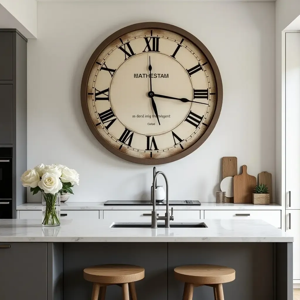 a photo of a large clock art piece above a kitchen island