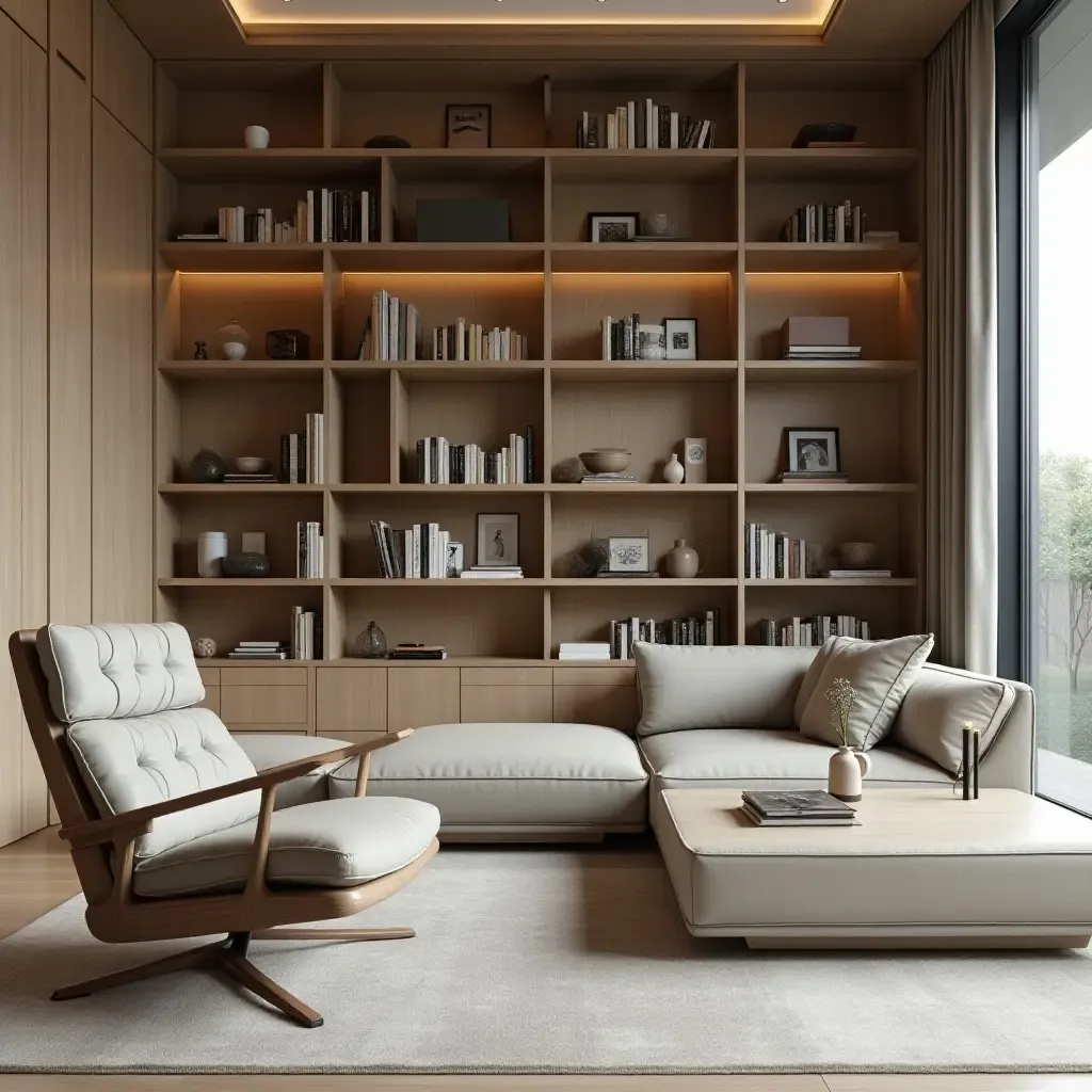 a photo of a minimalist library with sleek furniture and organized shelves