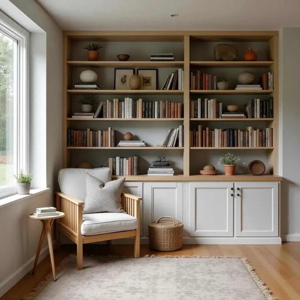 a photo of a cozy reading corner in the basement with farmhouse-style bookshelves