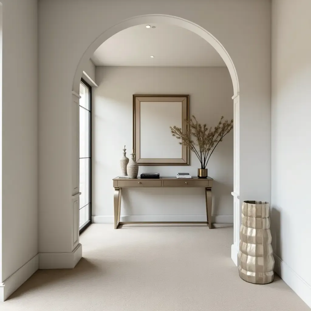 a photo of a corridor with a metallic console table and decorative accents