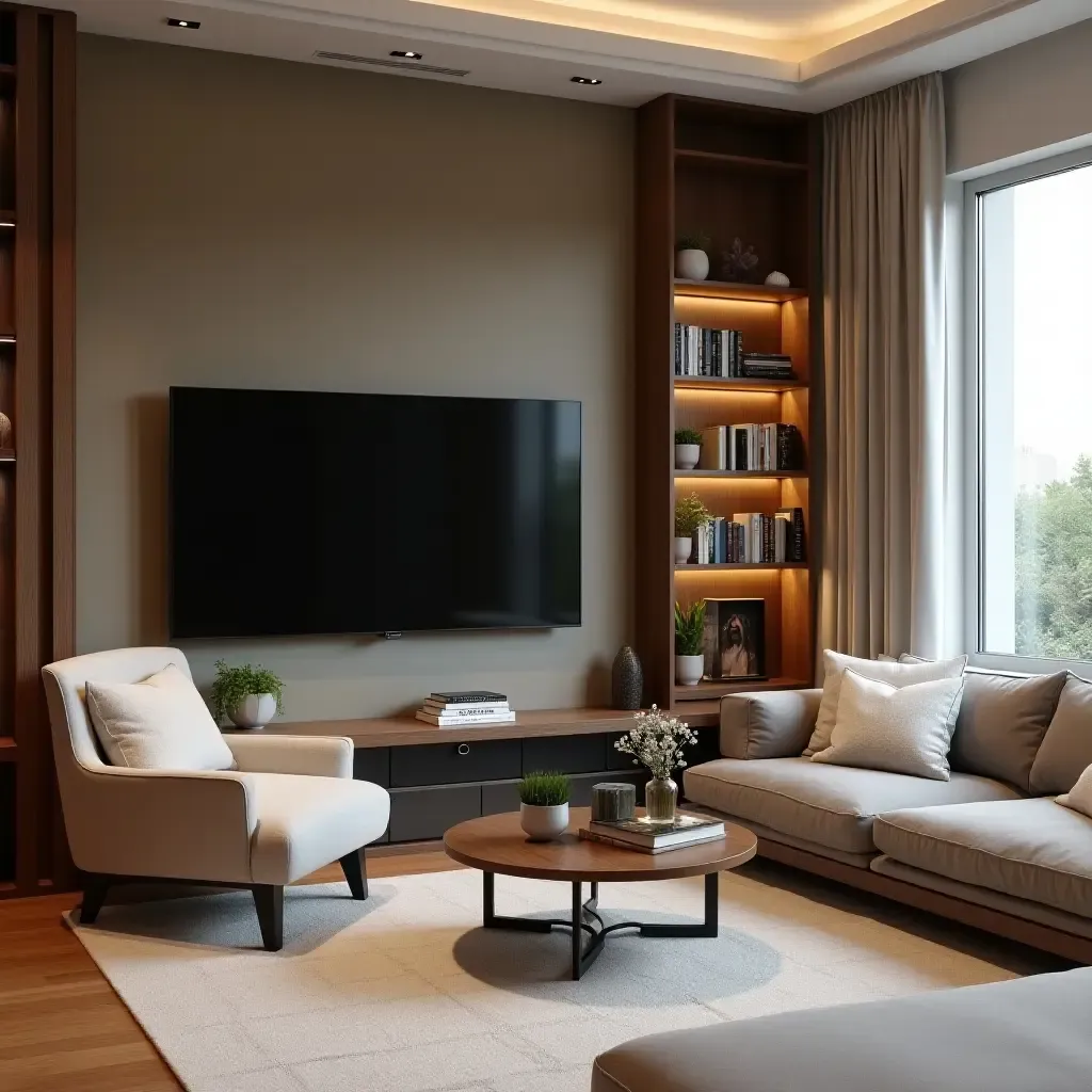 a photo of a corner TV paired with a comfortable reading nook