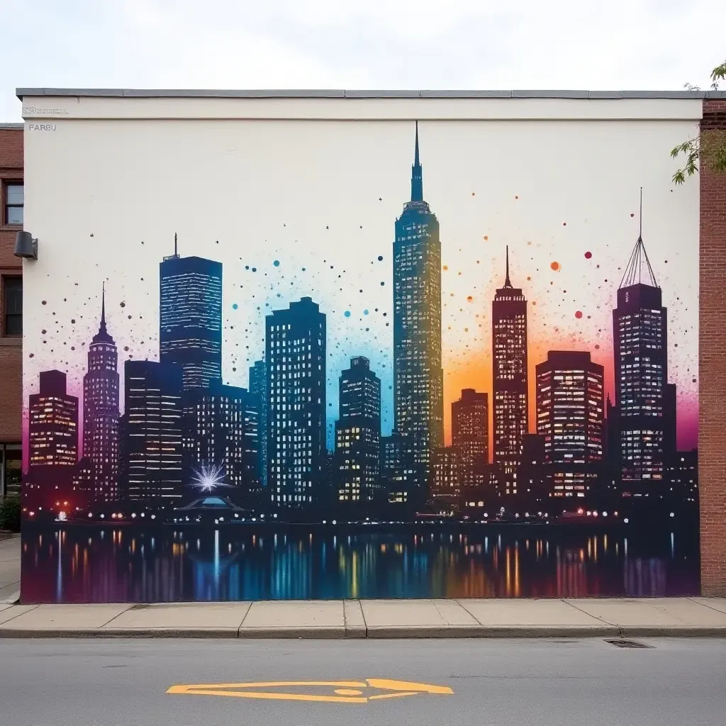 a photo of a striking mural of a city skyline