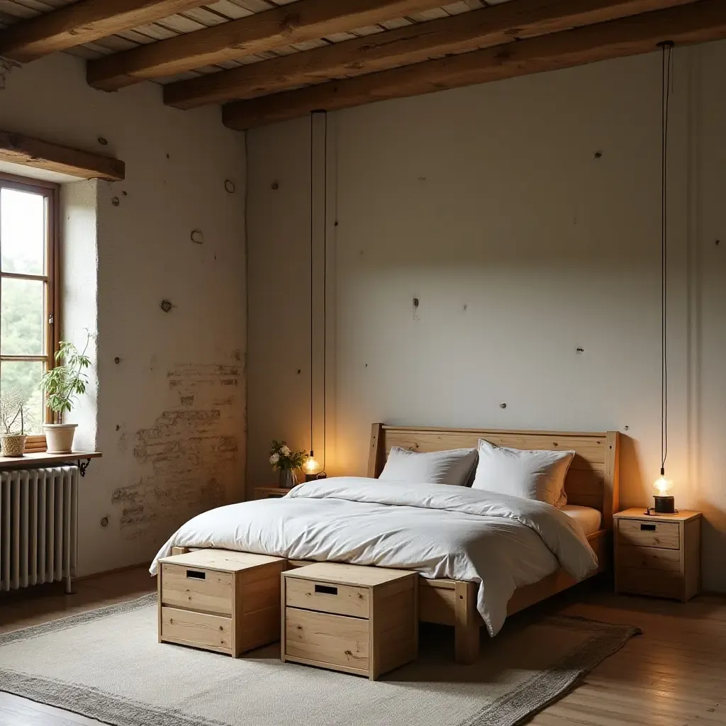 a photo of a rustic bedroom with wooden storage crates