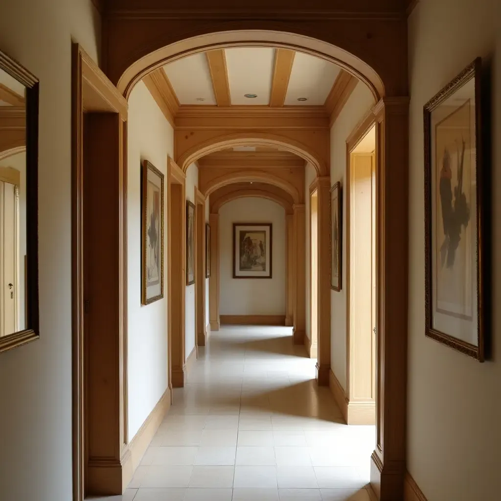 a photo of a corridor with wooden trim and vintage mirrors