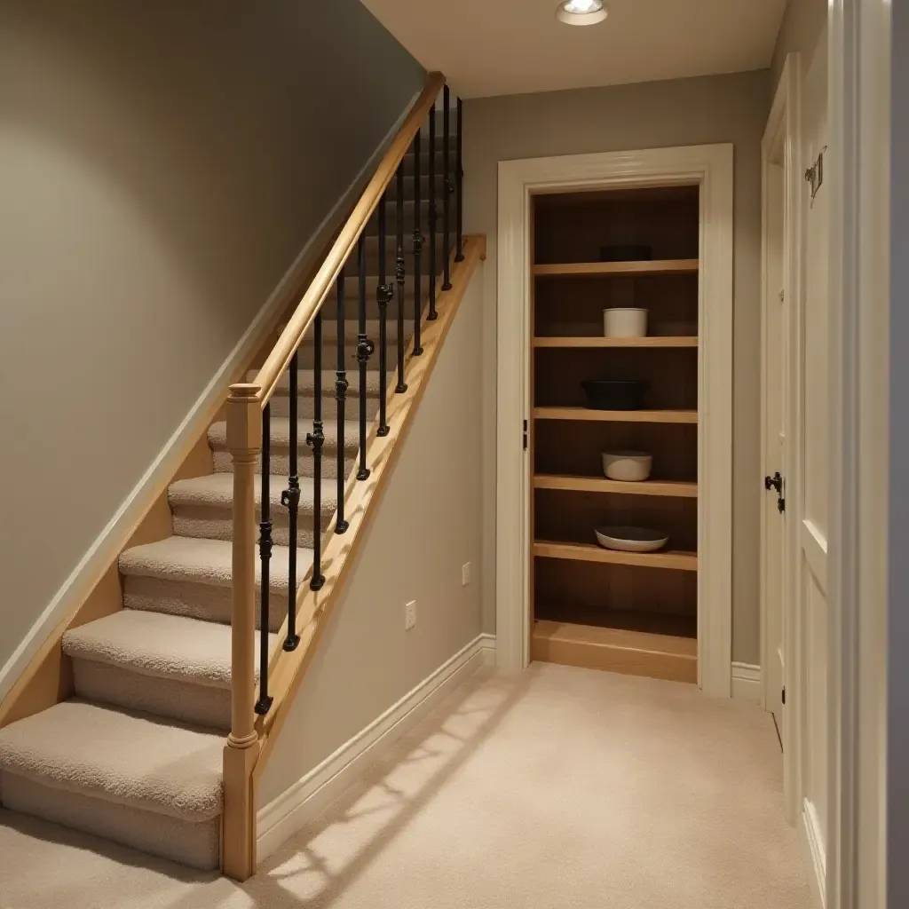 a photo of a basement with a hidden storage compartment under stairs