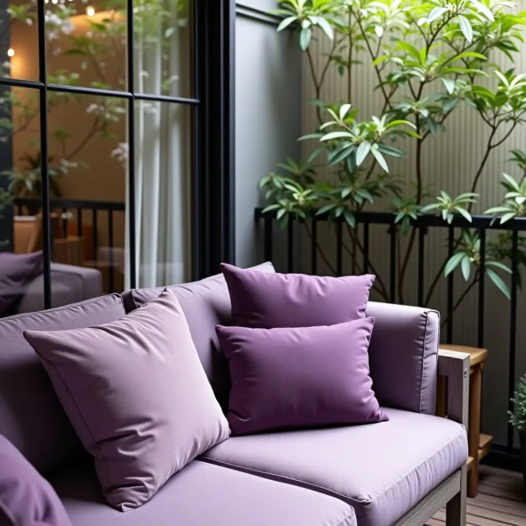 a photo of a cozy balcony featuring deep purple and soft lavender cushions