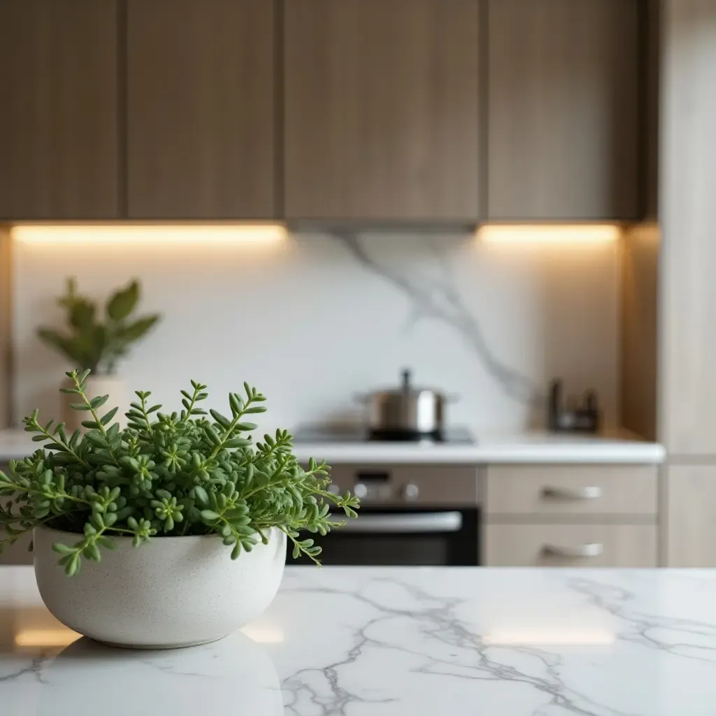 a photo of a sleek kitchen with a succulent arrangement on the counter