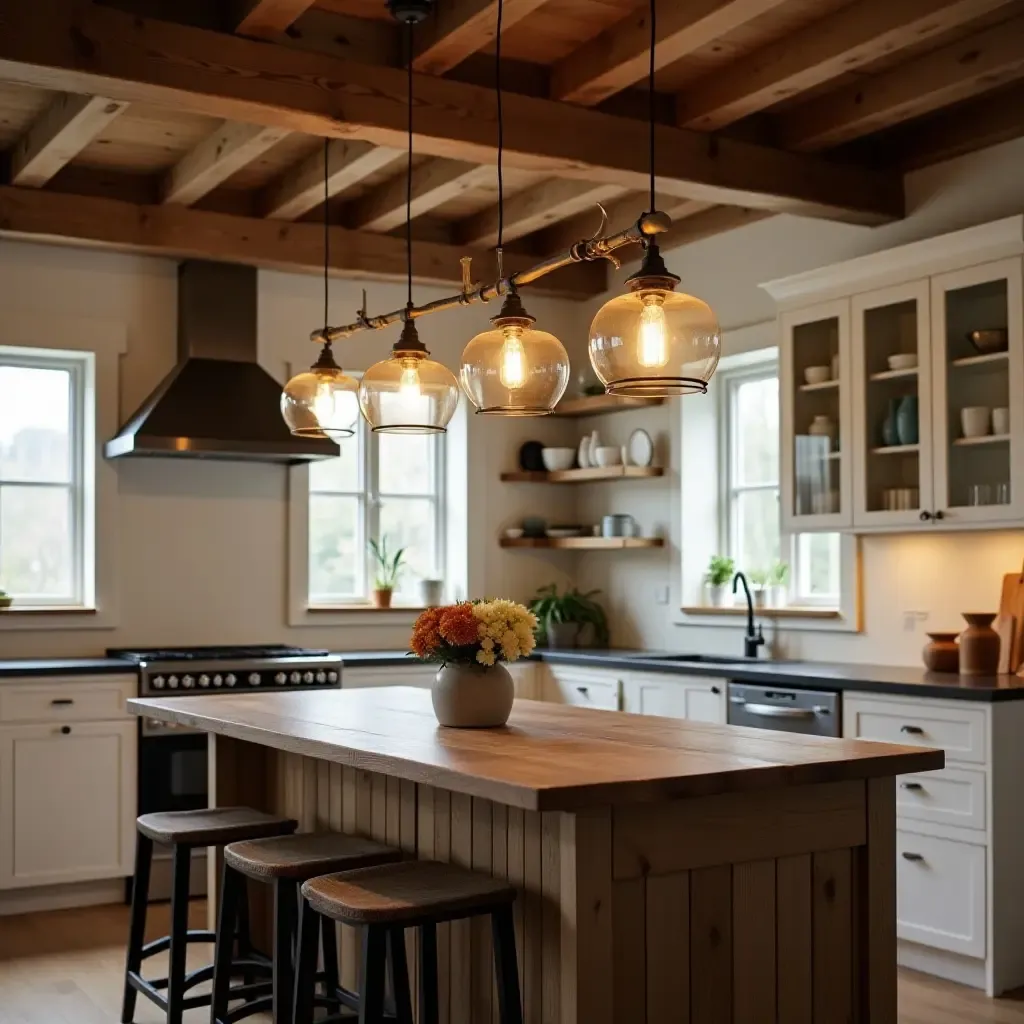 a photo of vintage pendant lighting over a rustic kitchen island