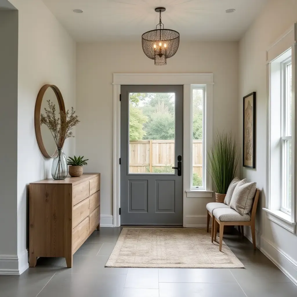 a photo of a stylish entryway with a mix of modern and rustic decor elements