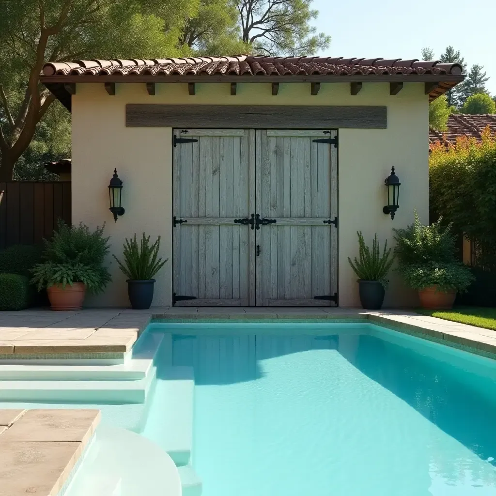 a photo of a weathered barn door as a poolside backdrop