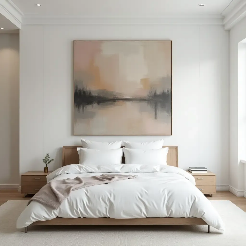 a photo of a large abstract painting behind a bed in a minimalist bedroom